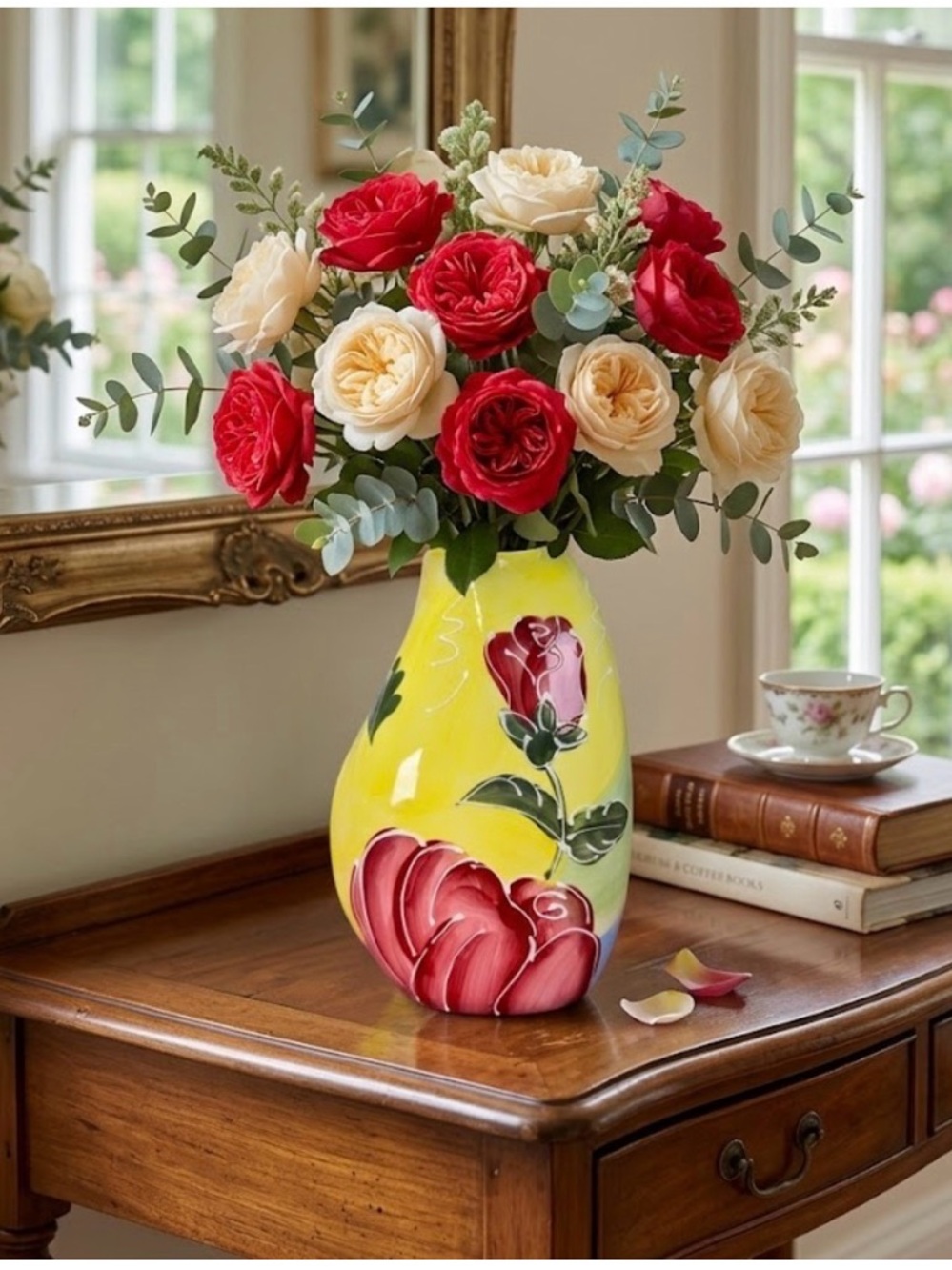 9INCH TALL HAND PAINTED ROSE CERAMIC FLOWER VASE .